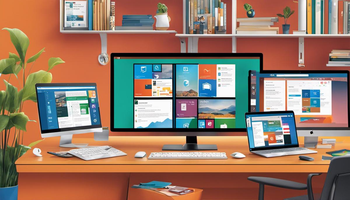 Illustration of Microsoft 365 Apps suite with various productivity applications displayed on devices